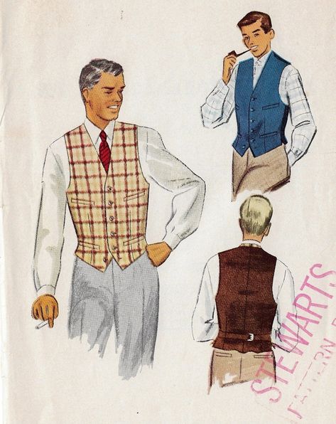 Men's Vest: Package contains pattern pieces and instructions to make a men's lined vest with 4 welt pockets, button front and adjustable belt in the back Pattern printed by McCalls in 1952, and is in factory folds. This is an original sewing pattern with all of the original pattern pieces and instructions. This is NOT a PDF or copy, and is NOT the actual garment. Size 40 Chest 40 For more vintage 1930s, 1940s and 1950s sewing patterns https://www.etsy.com/shop/CloesCloset?section_id=18788229 1950s Man Fashion, 1950 Fashion Man, 1930s Fashion Mens Casual, Mens 1930s Fashion, 1950s Aesthetic Men, Vintage Sewing Patterns Men, Male Sewing Patterns, 1950s Male Fashion, 1950s Suit Mens