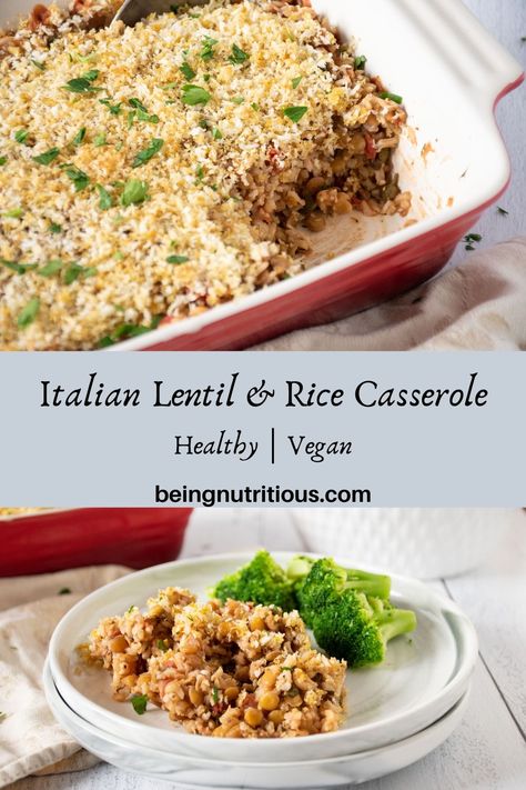 Italian Lentil & Rice Casserole - Ready in under an hour! Lentil And Rice Casserole, Lentil Casserole Vegetarian, Lentil Casserole Recipes, Rice And Tomatoes, Lentil And Rice, Healthy Dinner Casseroles, Lentil Casserole, Lentil Rice, Golo Recipes