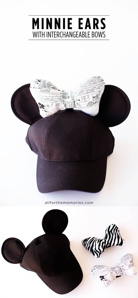 DIY Minnie Ears hat with interchangeable bows Mickey Ears Diy Tutorials, Disney Art Ideas, Diy Minnie Ears, Disney Caps, Micky Ears, Disney Ears Hat, Diy Baby Bows, Bone Bordado, Ears Hat