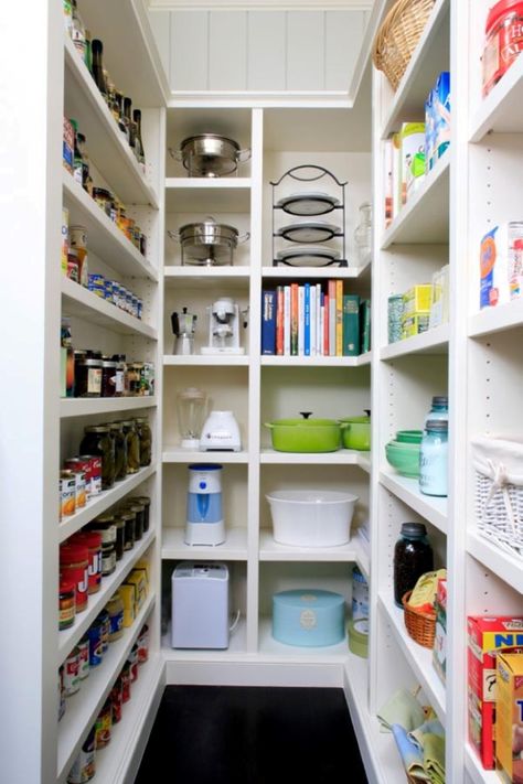 Would love this option with narrow shelves for foot and the larger spots for my big pots, crockpot, serving dishes, etc. Small Walk In Pantry, Appliance Garage, Pantry Shelving, Appliances Storage, Beautiful Kitchen Designs, Small Pantry, Home Staging Tips, Kitchen Pantry Design, Pantry Shelf