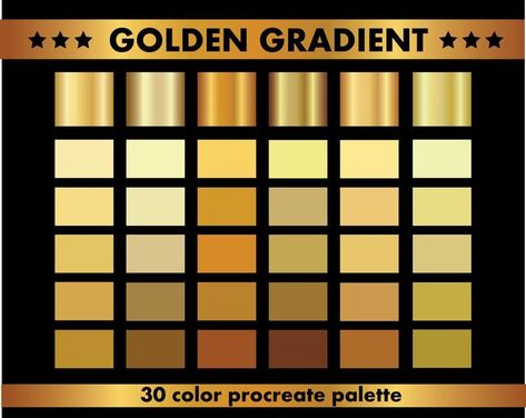 ✅  Click Link! ⬆️. Golden Gradient Procreate Palette - 30 metallic gradients perfect for creating stunning digital illustrations, add a touch of luxury to your artwork. . #Gold_Procreate_Palette #Colour_Gold_Palette #Gold_Paint_Palette #Procreate_Gold_Color Gold Procreate Palette, Gold Color Palette Digital Art, Colour Gold Palette, Golden Pallete Color Schemes, Gold Swatch Color, Gold Paint Palette, Procreate Gold Color, Gold Pallette Colour Palettes, Golden Color Palette Shades