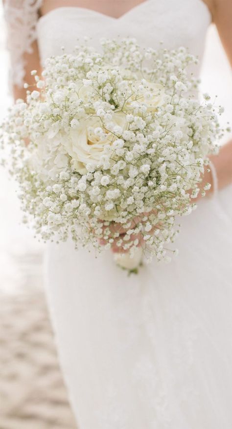 Beautiful Baby's breath Wedding Bouquets For Timeless Spring Weddings Flower Bouquets For Bride, Gipsofila Wedding Bouquet, Angels Breath Bouquet, Wedding Gipsofila, Baby S Breath Bouquet, Gypsophila Rose Bouquet, Baby Breath And White Roses Bouquet, Babysbreath Roses Bouquet, Gypsophila And Rose Bouquet