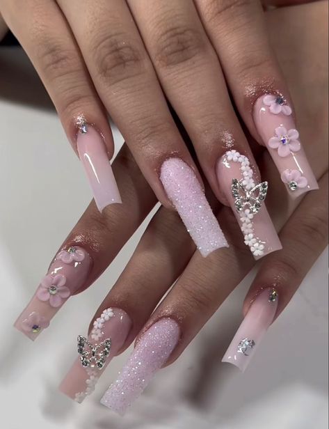 soft pink butterfly nails 💗 Pink Nail Designs With Butterflies, Quinceanera Nails Pink Butterflies, Coffin Butterfly Nails Designs, Pink Quince Nails With Butterflies, Pink Quince Nails Butterfly, Birthday Butterfly Nails, Quince Nails Butterfly, Tiktok Nails Designs, Pink Nails Quinceanera