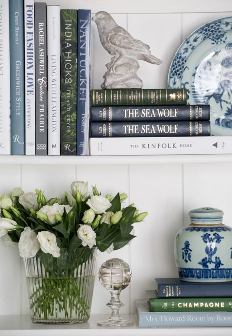 Blue and Green Bookcase Styling — Mayflower House Green Bookcase, Shelf Arrangement, Styling Shelves, Bookcase Styling, Bookcase Decor, Blue White Decor, Bookshelf Styling, Bookshelf Decor, Green Beauty