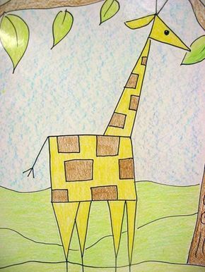 shape giraffe - could have students create other animals using shapes. 1st or 2nd grade, maybe. Geometric Shapes Drawing, Kindergarten Art Lessons, Shapes Kindergarten, Substitute Plans, Animal Art Projects, 2nd Grade Art, Geometric Shapes Art, Drawing Animals, Cedar Creek