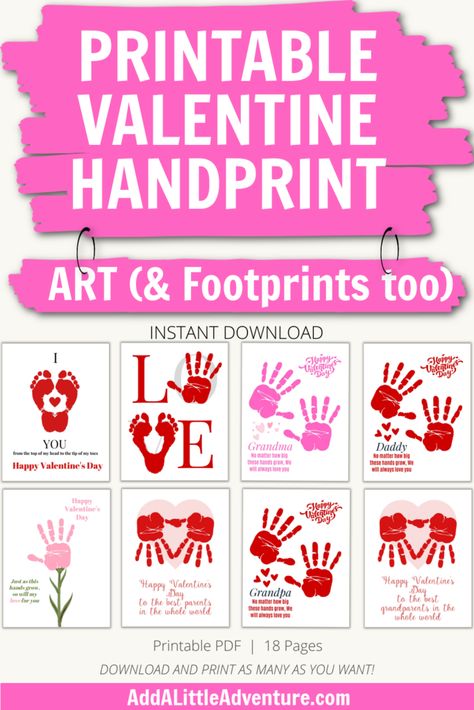 Printable Valentine Handprint Art (& Footprints too) Valentine Handprint Art, Free Printable Wine Labels, Valentine Handprint, Free Printable Valentines Tags, Footprint Craft, Footprint Crafts, Unique Valentines Day Gifts, Valentine's Day Printables, Printable Valentine