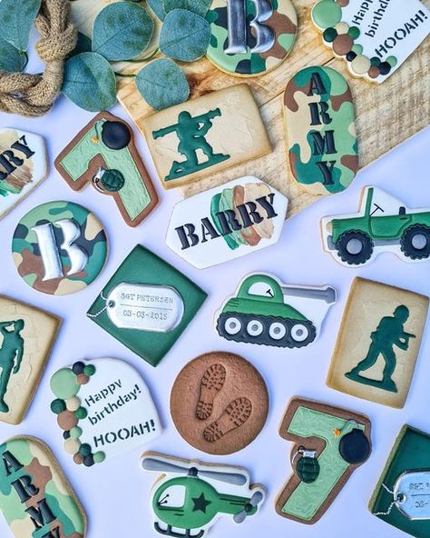 Army Cookies, Camo Cookies, Army Themed Birthday, Army's Birthday, Themed Cookies, Birthday Cookies, Custom Cookies, 5th Birthday, Cookie Decorating