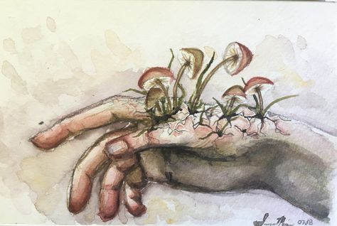 Surreal watercolor hand painting. Surreal Watercolor, Hand Paintings, Minimalist Tattoos, Expressionist Painting, Surrealism Painting, Mushroom Art, A Level Art, Hippie Art, Hand Art