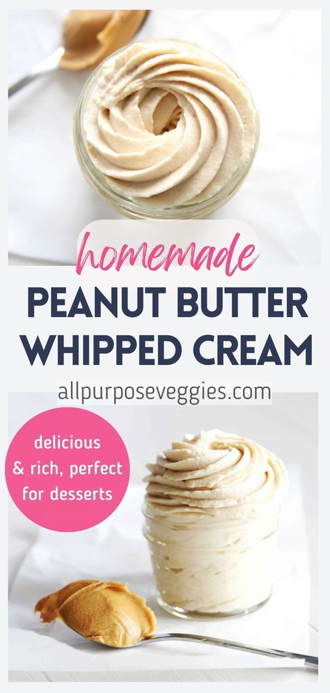 Here's one for the Peanut Butter lovers out there! Like the title suggests, this Peanut Butter Whipped Cream has the sweet nostalgic flavor of a Reese's Peanut Butter Cup minus the Chocolate. It's my personal ode to one of my favorite ever treats. Note that the added Peanut Butter Powder is entirely optional. I add it to thicken the whipped cream and to help it hold its shape longer. Reeses Peanut Butter Filling Recipe, Whipped Peanut Butter Ganache, Peanut Butter Whipped Cream Dessert, Peanut Butter Flavors, Peanut Butter Whipped Cream Frosting, Peanut Butter Whip, Original Desserts, Reeses Desserts, Peanut Butter Powder Recipes