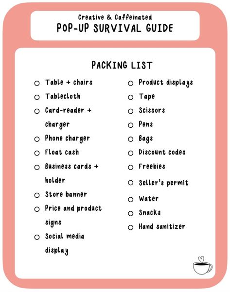 FREE downloadable checklist to help you survive your first pop-up event as a small business owner. Service Based Vendor Booth, Freshie Pop Up Display, First Pop Up Event, Pop Up Shop Price List Ideas, Pop Up Shop List, Vendor Table Signs, Things You Need For A Pop Up Shop, How To Prepare For A Pop Up Shop, Pop Up Store Small Business