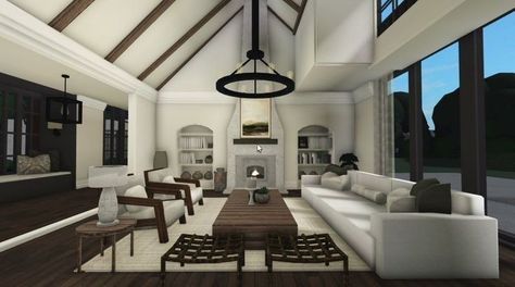 Bloxburg Living Room Ideas Modern Farmhouse, Rustic Bloxburg Living Room, Bloxburg Farmhouse Interior, Bloxburg Realistic Living Room, Bloxburg House Floor Plan, Bloxburg Modern Living Room, Bloxburg Modern Farmhouse, Bloxburg Family House Layout, Bloxburg House Interior