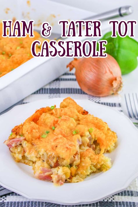 Cheesy Tater Tot and Ham Casserole is the perfect recipe to use up leftover ham for breakfast, brunch, or dinner - plus it feeds a crowd! via @jugglingactmama Tater Tot Ham Casserole, Tater Tot Casserole With Ham, Ham Tater Tot Casserole, Cheesy Ham Casserole, Ham Pot Pie, Recipes With Velveeta Cheese, Ham And Cheese Casserole, Ham Casserole Recipes, Ham And Cheese Croissant