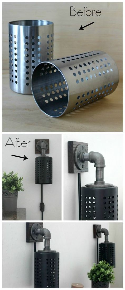 Before and After Ikea Containers - this IKEA hack turns their utensil holders into DIY Lighting. Brilliant! Industrial Diy Decoration, Industrial Diy, Utensil Holders, Diy Lampe, Pipe Furniture, Pipe Lamp, Organize Declutter, Industrial House, Diy Lamp