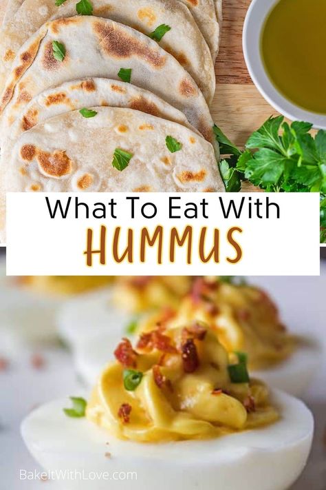 Pin split image with text showing different recipe ideas for what to serve with hummus. What To Eat With Hummus Snacks, Recipes Using Hummus Meals, How To Eat Hummus Ideas, What To Eat Hummus With, What To Serve With Hummus, How To Eat Hummus, What To Eat With Hummus, Fruit Cocktail Salad, Hummus Plate