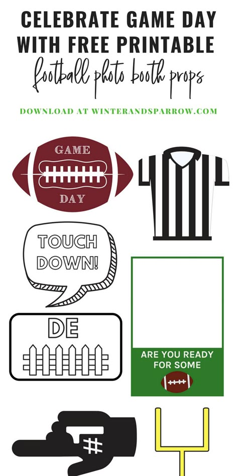 Celebrate Game Day With Free Printable Football Photo Booth Props | winterandsparrow.com #photobooth #footballseason #fridaynightlights Football Themed Photo Booth, Free Printable Football Banner, Football Birthday Printables Free, Printable Football Decorations, Free Sports Printables, Football Printables Free Prints, Printable Football Template, Football Photo Booth, Football Party Printables