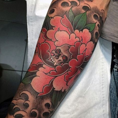 Red Peony With Small Skull Mens Forearm Sleeve Tattoos Japanese Peony Tattoo, Yellow Rose Tattoos, Peony Tattoo, Forearm Sleeve Tattoos, Flower Tattoo Sleeve, Tattoo Artwork, Peonies Tattoo, Tattoo Designs For Men, Ink Ideas