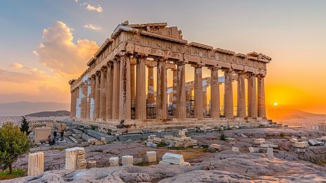 Ancient Parthenon Sunset: The historic Parthenon stands majestic against the vibrant backdrop of a warm sunset in Athens, Greece. #parthenon #sunset #athens #greece #ancient #aiart #aiphoto #stockcake ⬇️ Download and 📝 Prompt 👉 https://ayr.app/l/VRg1 Athens Greece Wallpaper, Antica Grecia Aesthetic, Greece Laptop Wallpaper, Ancient Greece Landscape, Parthenon Architecture, Athens Parthenon, Ancient Greece Architecture, Greece Parthenon, Parthenon Greece