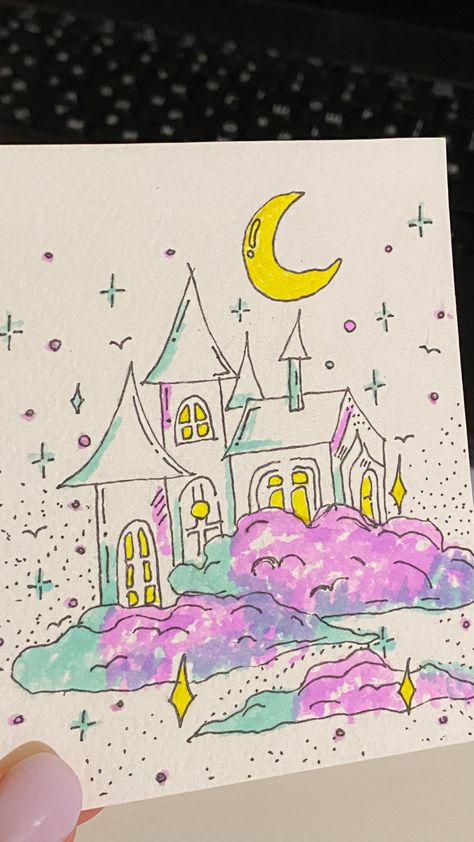 Easy Drawings Fairy, Magical Drawings Easy, Fairy Castle Drawing, Fairytale Drawings Easy, Princess Drawings Easy, Posca Art Doodle, Disney Castle Drawing, Fairytale Drawings, Magical Drawings