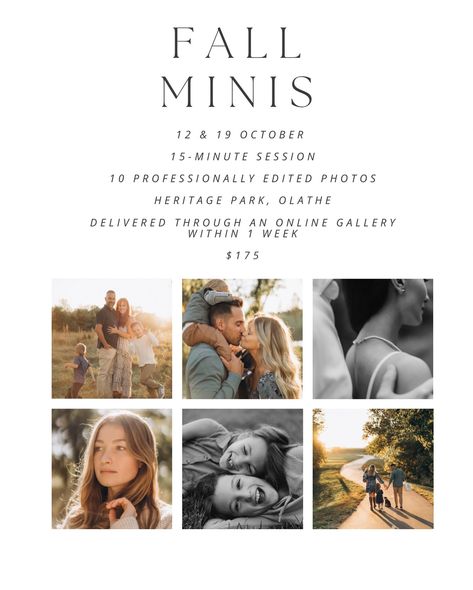 I’m excited to announce 15-minute Fall Mini Sessions for just $175! Located at a beautiful spot in Heritage Park, Olathe, this is the perfect chance to capture the magic of fall with golden leaves and crisp air. What’s included: ✨ 15-minute session ✨ 10 professionally edited photos ✨ Delivered through an online gallery within 1 week Whether you’re looking for updated family portraits, couple shots, or a few seasonal pictures of your little ones, these sessions are perfect for everyone! Ses... Mini Photo Session Ideas, Seasonal Pictures, Fall Minis, Mini Photo Sessions, Edited Photos, Fall Mini Sessions, Couple Shots, Fall Mini, Crisp Air