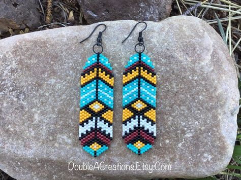 Native American Beadwork, Black French, Beaded Earrings Patterns, Beadwork Patterns, Blue Feather, Delica Beads, Beaded Hoop Earrings, Beaded Hoops, Earring Patterns