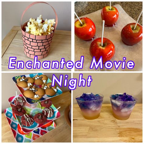 Disney Movie Night Menu Enchanted, Enchanted Movie Themed Dinner, Disney Enchanted Themed Party, Enchanted Movie Night, Disney Movie Dinner Ideas, Disenchanted Movie, Disney Movie Themed Food, Movie Themed Dinner, Movie Night Disney