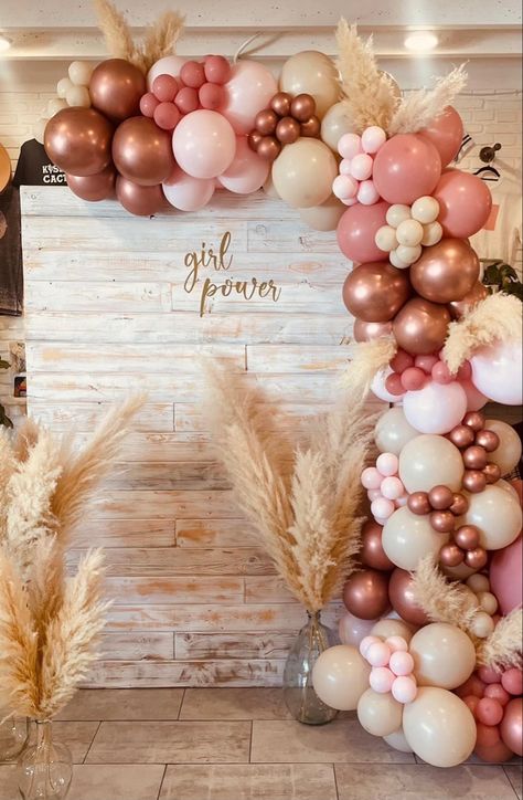 Pink Brown White Baby Shower, Rose Gold Boho Party, Pink Boho Balloon Arch, Pink And Brown Balloon Arch, Rectangle Balloon Arch, Girl Power Baby Shower, Balloon Arch Bridal, Pink And Gold Backdrop, Pink Birthday Theme