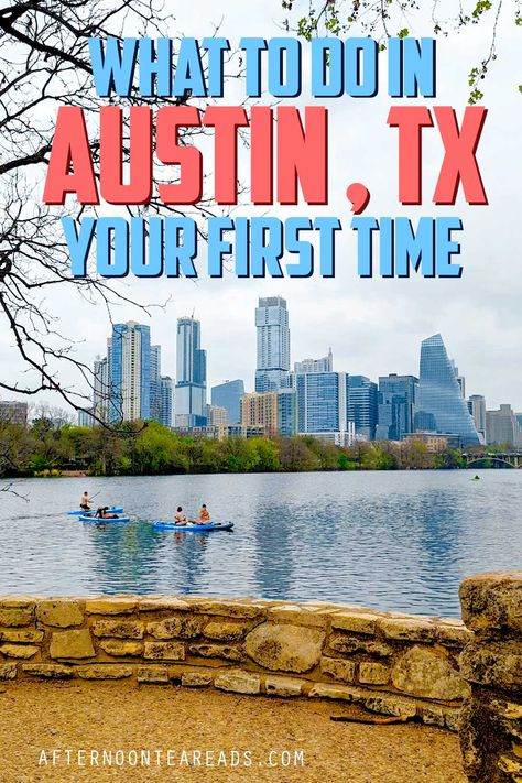 overcast sky with a skyline view of high-rise buildings - this is downtown Austin. Green trees line the skyline view before the lake where people are kayaking 1 Day In Austin Texas, One Day In Austin Texas, Going Out In Austin Outfit, Unique Things To Do In Austin Texas, Top Things To Do In Austin Texas, Austin Texas Things To Do With Teens, Downtown Austin Texas Things To Do, Fall In Austin Texas, Must Do In Austin Texas