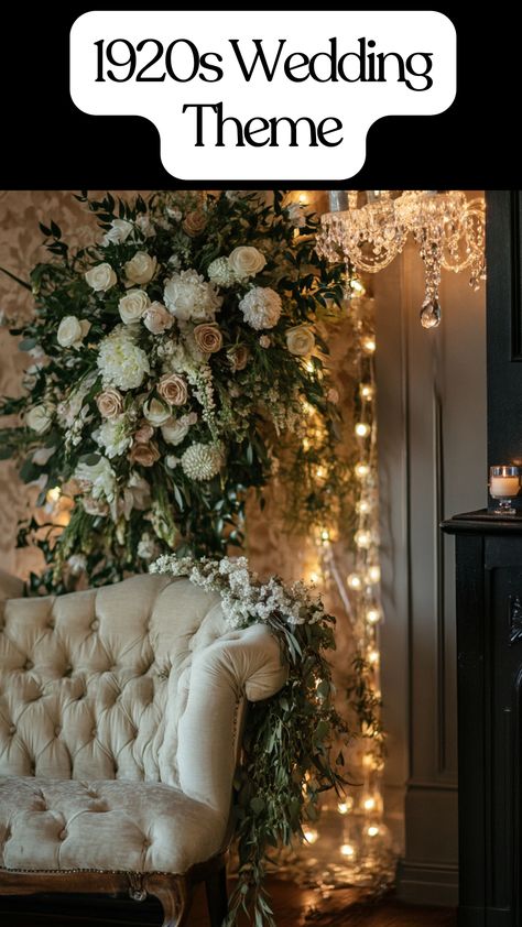 1920s wedding theme with Gatsby decor, vintage dresses, and Peaky Blinders inspiration. Peaky Blinders Wedding Theme Decor, Peaky Blinders Wedding Theme, Gatsby Flowers, Peaky Blinders Wedding, 1920s Themed Wedding, Peaky Blinders Theme, Elegant Table Decor, 1920s Wedding Theme, Popular Color Schemes