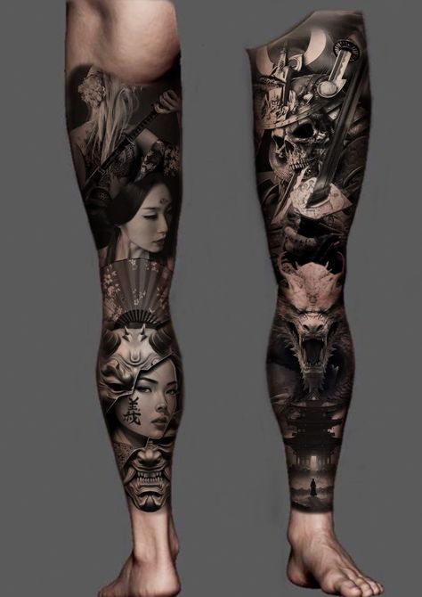 Leg Sleeve Tattoo Japanese, Women Tattoo Leg, 108 Tattoo, Calf Sleeve Tattoo, Geisha Samurai, Japanese Warrior Tattoo, Koi Tattoo Sleeve, Geisha Tattoo Design, Knee Tattoos