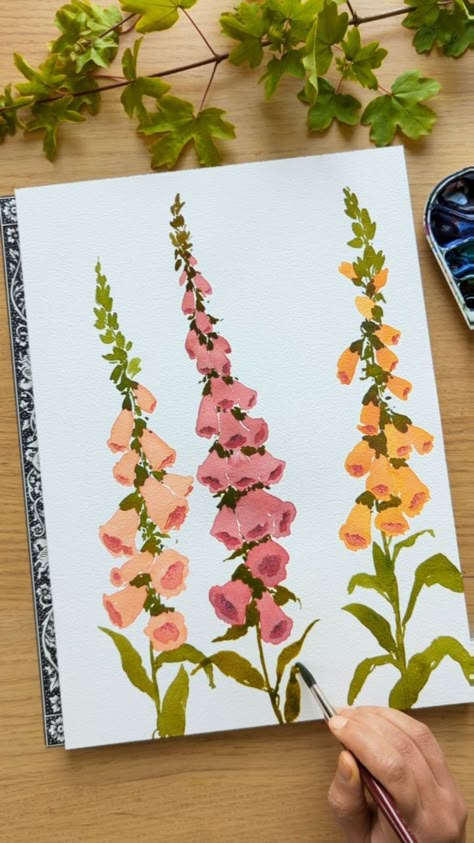 Foxglove Flower Illustration, Foxglove Flower Watercolor, Watercolor Foxglove Tutorial, Foxglove Painting Acrylic, Foxglove Flower Painting, Foxglove Drawing Simple, Foxglove Flower Drawing, Watercolour Wild Flowers, Watercolour Foxgloves