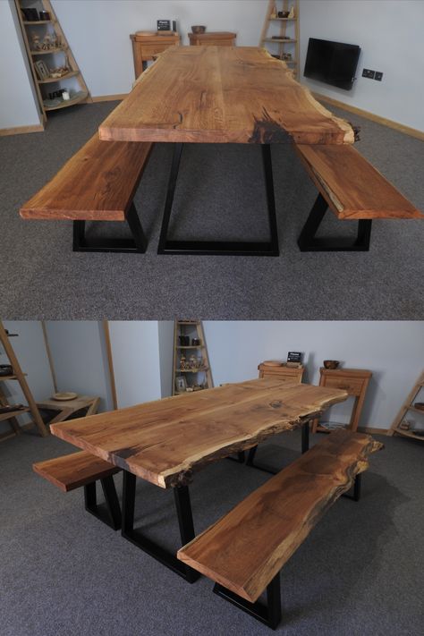 Live Edge Table And Bench, Oak Live Edge Table, Kitchen Table With Benches, Live Edge Table Dining Rooms, Oak Kitchen Table, Oak Table And Chairs, Wood Dinner Table, Table With Benches, Woodwork Furniture