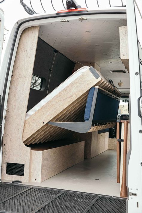 Van Life Design, Bus Camper Ideas, Osb Cabinets, Camper Van Bed Ideas, Van Life Bed, Campervan Bed Ideas, Van Bed Ideas, Van Build Ideas, Diy Camper Van