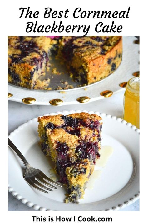 This blackberry cake is a cornmeal cake and makes a great breakfast cake to serve with coffee. It's also a great simple dessert for those who love cornbread! Blackberry Cornbread Cake, Cornmeal Coffee Cake, Blackberry Breakfast Cake, Blackberry Coffee Cake Recipes, Blackberry Cornbread, Blueberry Cornmeal Muffins, Cornbread Cakes, Cornmeal Cake Recipe, Blueberry Corn Muffins