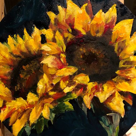 Acrylic painting on circular canvas. Sunny sunflowers on a dark background Sunflower On Black Canvas, Sunflowers Acrylic Painting, Acrylic Sunflower Painting, Sunflower Painting Acrylic, Sunflower Acrylic Painting, Circular Canvas, Sunflower Drawing, Circle Canvas, Widget Ideas