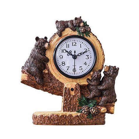 HAOFAY Retro Mantel/European Resin Simple Personality Quartz Clock Desk & Shelf Clock Review Barrel Tables, Bear Table, Black Bear Decor, Novelty Clocks, Running Bear, Unusual Clocks, Christmas Gifts Diy, Rustic Clock, Cabin Rustic