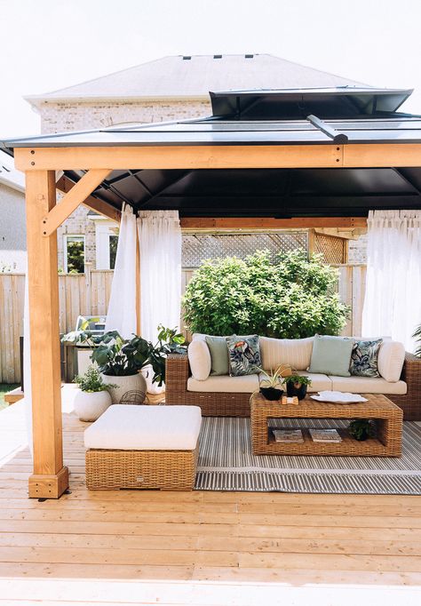 Small Backyard Furniture Layout, Outdoor Patio Ideas Furniture, Tranquil Patio Ideas, Patio Lounge Ideas, Slanted Backyard Ideas, Gazebo Furniture Ideas, Cozy Patio Decorating Ideas, Backyard Inspo Patio, Backyard Furniture Ideas