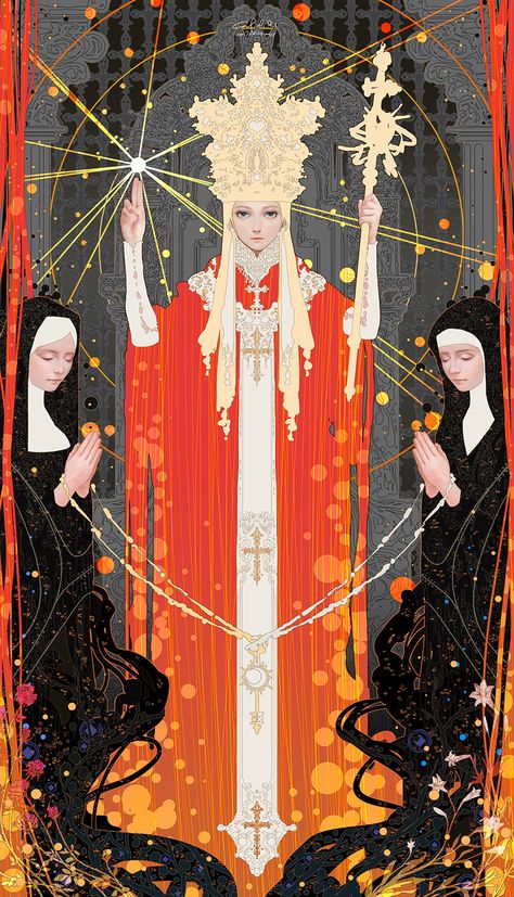 Tarot-05 The Hierophant by Casimir Lee on ArtStation. The Hierophant, A Woman, Deviantart, Black And White, Orange, Stars, White, Black