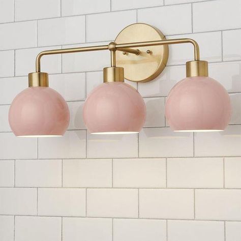 $360,00 Cute Bathroom Lights, Pink Bathroom Vanity, Mod Bathroom, Vanity Lighting Over Mirror, Blush Bathroom, Gold Bathroom Fixtures, Upstairs Apartment, Bathroom Light Shades, Kids Bathroom Remodel