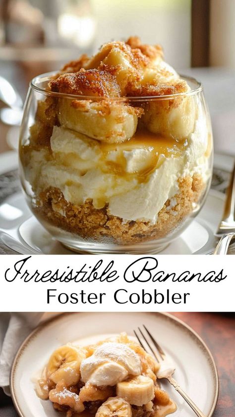 Savor the magic of caramelized bananas baked into a cobbler! This Bananas Foster-inspired dessert is easy to make and packed with warm, cozy flavors. Perfect for fall gatherings or after-dinner indulgence. Caramelized Bananas Recipe, Family Favorite Desserts, Banana Foster Banana Pudding, Easy Bananas Foster, Bananas Foster Trifle, Caramelized Banana Pudding, Bananas Foster Pudding, Banana Foster Dessert, Banana Foster Pudding