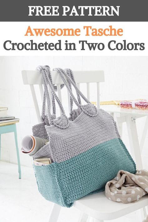 Crocheted in two colors of Schachenmayr Journey, this chic and roomy bag will hold all your belongings with ease. Outside pockets provide easy access to essentials.It would look equally good at the beach or in the city. Shopping Bag Pattern, Crochet Travel, Crochet Flats, Knitting Bag Pattern, Bag With Pockets, Tote Bag With Pockets, Free Crochet Bag, Bag Pattern Free, Crochet Hat Free