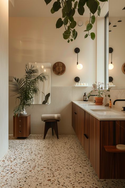 Green And Cream Tile Bathroom, Mid Century Modern Tiny Bathroom, Tiny Mid Century Bathroom, 1950 Bathroom Ideas, 70s Inspired Bathroom Ideas, Mid Century Modern Room Ideas, Modern Colorful House Interior, Mid Century Modern Primary Bathroom, Mod Century Bathroom