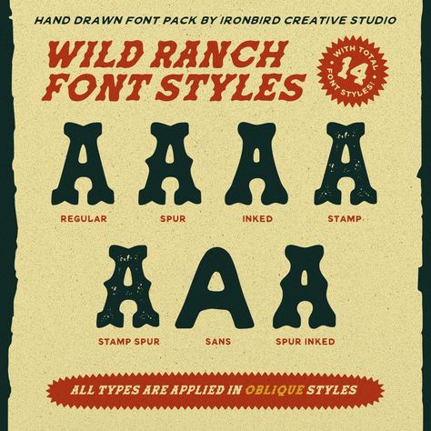 Wild Ranch is a bold hand drawn slab serif typeface. This item consist of 14 FONTS in various styles which you can play around with it and also come with EXTRA ILLUSTRATION to make better design! #slab #ironbirdcreative #bukancumaa #serif #display #font #fontpack #illustration #snake #wildwest #westernstyle #cowboy #cactus #desert #texas Camp Font, Cowboy Cactus, Hand Drawn Fonts, Cactus Desert, Font Packs, Serif Typeface, Display Font, Font Styles, Creative Studio