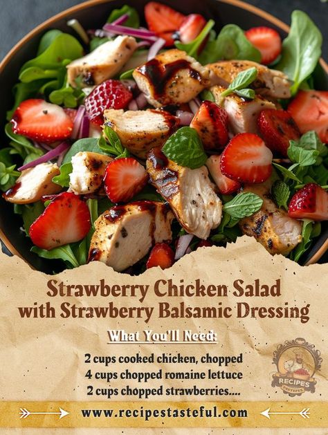 Grandma's Soul Recipes | Strawberry Chicken Salad with Strawberry Balsamic Dressing | Facebook Strawberry Balsamic Dressing, Romaine Lettuce Recipe, Salad With Strawberry, Strawberry Chicken, Soul Recipes, Tasteful Recipes, Strawberry Chicken Salad, Soul Food Recipes, Lettuce Recipes