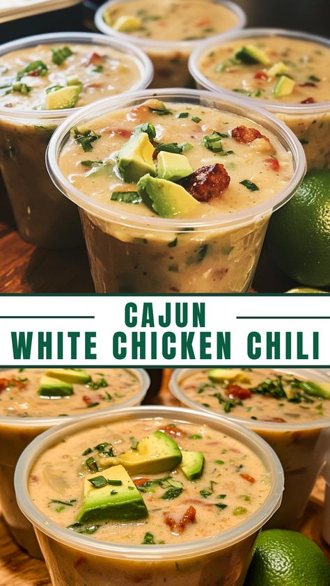 Cajun White Chicken Chili Cajun Chicken Chili Recipe, White Chicken Chili Cannellini Beans, Cajun White Chicken Chili, White Chicken Chili Stove Top, White Chicken Chili Soup, White Turkey Chili, Green Lentil Soup, Chicken Chili Soup, Creamy Chicken Chili