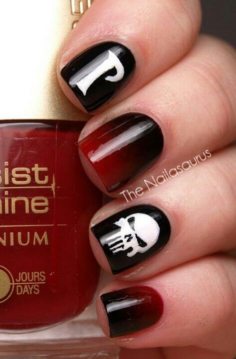 Punisher nails Skull Nail Designs, Rockabilly Nails, Marvel Nails, Cruise Nails, Uk Nails, Skull Nails, The Punisher, Get Nails, Cute Nail Designs