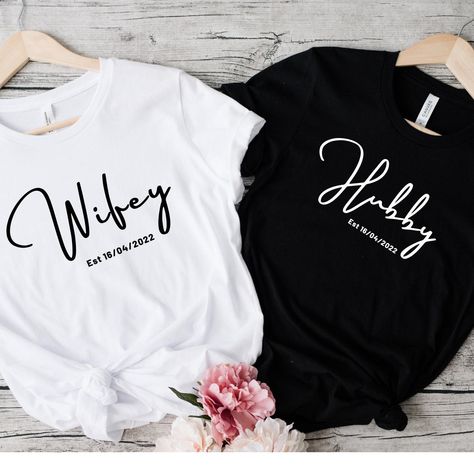 Wifey Hubby Shirts, Wifey Hubby Est 2022 Shirt, Just married Couples Shirts, Husband and Wife Shirt, Custom mr and mrs Shirts, honeymoon tee by MomentDesignBoutique on Etsy Hubby Wifey Shirts, Married Shirt, Groom Shirts, Engaged Shirts, Wedding Party Shirts, Mrs Shirt, Honeymoon Shirts, Husband Shirts, Matching Couple Shirts