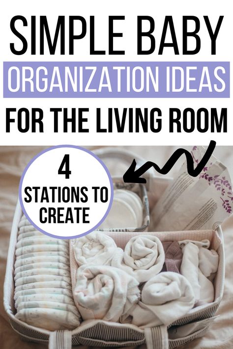 baby organization ideas for the living room, including diaper caddy and basket stations. Living Room Newborn Set Up, Under Bassinet Organization, Bedside Setup For Newborn, Bassinet Organization, Under Bassinet Storage Ideas, Kitchen Organization Baby Stuff, Bedside Nursery Station, Bedside Diaper Station, Bib Storage Ideas