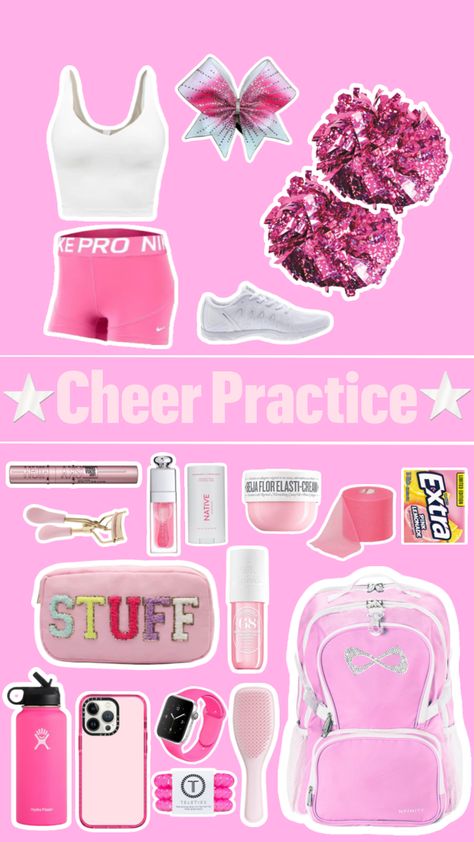 🪩🎀Cheer practice🎀🪩#cheer #cheerfit #pink #preppy #outfitinspo #shuffleinspo #shufflefyp #sunnypink03 Cheer Practice Bag, Cheerleader Practice Outfits, Cheer Competition Checklist, Cheer Bag Essentials Practice, Cheerleader Essentials, Asthmatic Outfits, Cheer Must Haves, Cheer Tryouts Outfit, Cheerleading Outfits For Practice