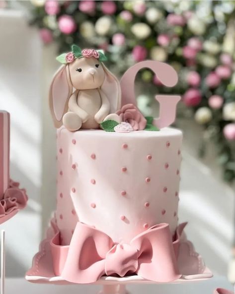 Bunny Cake 1st Birthday, Bunny Theme Cake First Birthdays, First Birthday Cake Bunny, Rabbit Cake Birthday Girl, Bunny Cakes Birthday Kids, Bunny Themed Cake, Bunny Cake Birthday, Birthday Cake Rabbit, Pink Bunny Cake