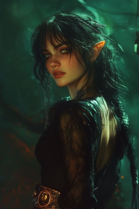 Dark elf portrait, fantasy, realistic style Portrait Fantasy Photography, Dark Fantasy Hair, High Elf Queen, Dnd Wood Elf Female, Elf With Black Hair, Dark Haired Elf, Dnd High Elf Female, Swamp Elf, Realistic Fantasy Art